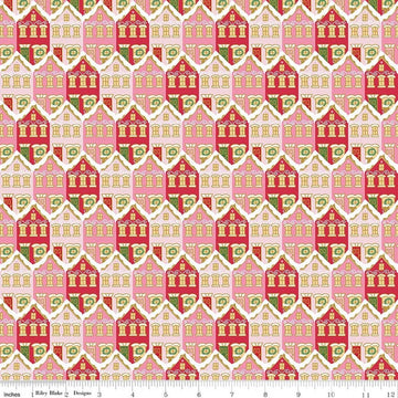 Image of Claus & Co. Christmas Houses Red Sparkle quilting cotton fabric by Melissa Mortenson for Riley Blake Designs. Features houses on a red background. Cute Little Fabric Shop.