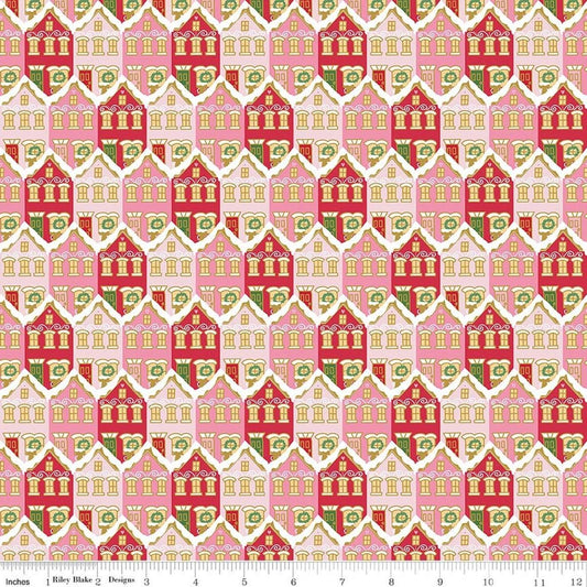 Image of Claus & Co. Christmas Houses Red Sparkle quilting cotton fabric by Melissa Mortenson for Riley Blake Designs. Features houses on a red background. Cute Little Fabric Shop.