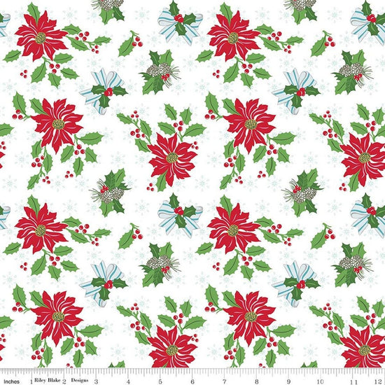 Image of Claus & Co. Main White quilting cotton fabric by Melissa Mortenson for Riley Blake Designs. Features flowers on a white background. Cute Little Fabric Shop.