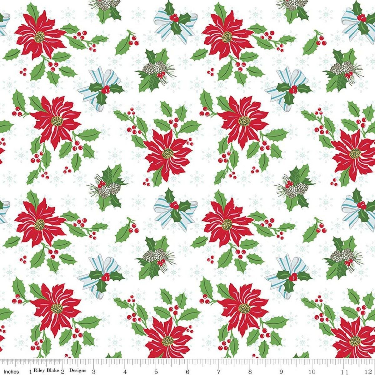 Image of Claus & Co. Main White quilting cotton fabric by Melissa Mortenson for Riley Blake Designs. Features flowers on a white background. Cute Little Fabric Shop.