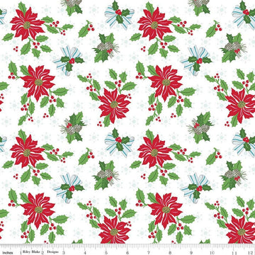 Image of Claus & Co. Main White quilting cotton fabric by Melissa Mortenson for Riley Blake Designs. Features flowers on a white background. Cute Little Fabric Shop.
