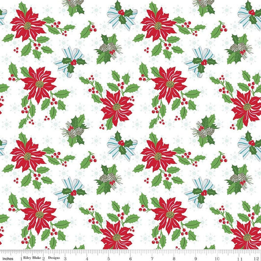 Image of Claus & Co. Main White quilting cotton fabric by Melissa Mortenson for Riley Blake Designs. Features flowers on a white background. Cute Little Fabric Shop.
