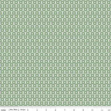 Image of Claus & Co. Star Pattern Green quilting cotton fabric by Melissa Mortenson for Riley Blake Designs. Features stars on a green background. Cute Little Fabric Shop.