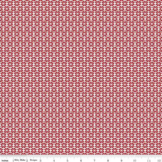 Image of Claus & Co. Star Pattern Red quilting cotton fabric by Melissa Mortenson for Riley Blake Designs. Features stars on a red background. Cute Little Fabric Shop.