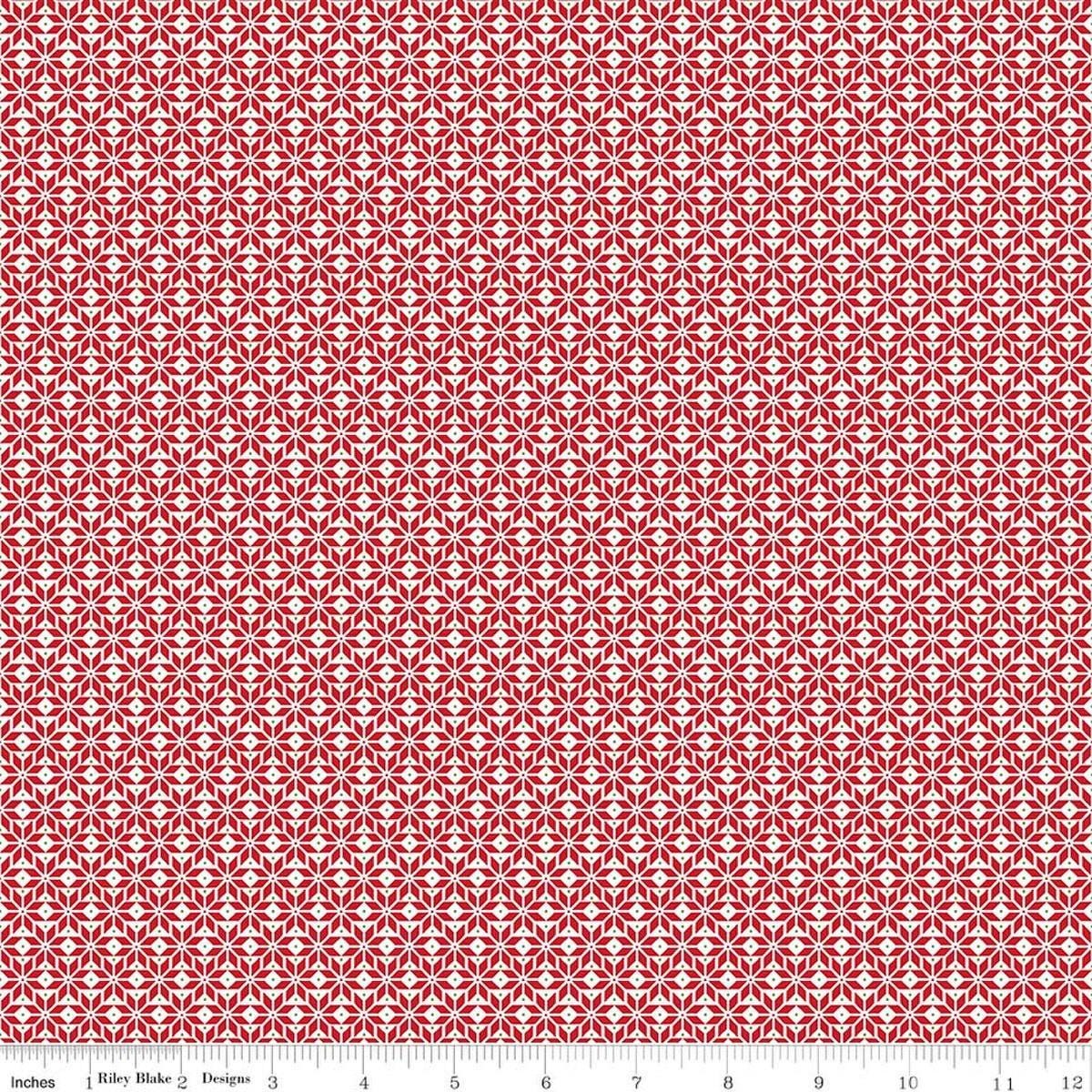 Image of Claus & Co. Star Pattern Red quilting cotton fabric by Melissa Mortenson for Riley Blake Designs. Features stars on a red background. Cute Little Fabric Shop.