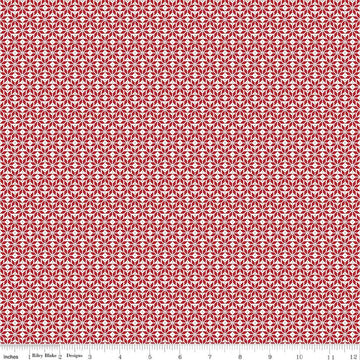 Image of Claus & Co. Star Pattern Red quilting cotton fabric by Melissa Mortenson for Riley Blake Designs. Features stars on a red background. Cute Little Fabric Shop.