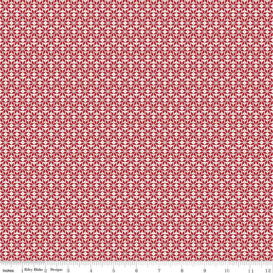 Image of Claus & Co. Star Pattern Red quilting cotton fabric by Melissa Mortenson for Riley Blake Designs. Features stars on a red background. Cute Little Fabric Shop.