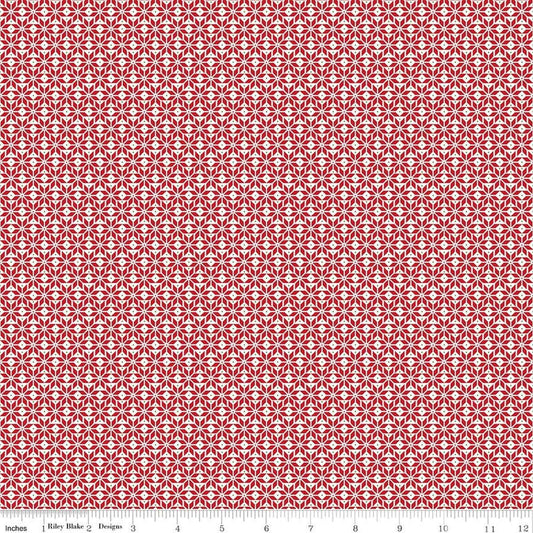 Image of Claus & Co. Star Pattern Red quilting cotton fabric by Melissa Mortenson for Riley Blake Designs. Features stars on a red background. Cute Little Fabric Shop.