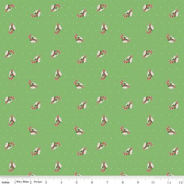 Image of Claus & Co. Candy Cane Toss Green quilting cotton fabric by Melissa Mortenson for Riley Blake Designs. Features candy canes on a green background. Cute Little Fabric Shop.