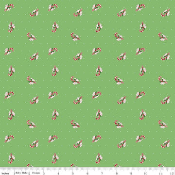 Image of Claus & Co. Candy Cane Toss Green quilting cotton fabric by Melissa Mortenson for Riley Blake Designs. Features candy canes on a green background. Cute Little Fabric Shop.