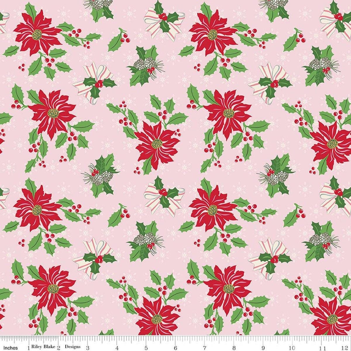 Image of Claus & Co. Main Pink quilting cotton fabric by Melissa Mortenson for Riley Blake Designs. Features flowers on a pink background. Cute Little Fabric Shop.