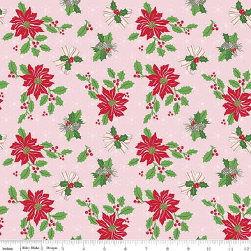 Image of Claus & Co. Main Pink quilting cotton fabric by Melissa Mortenson for Riley Blake Designs. Features flowers on a pink background. Cute Little Fabric Shop.