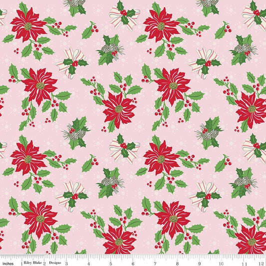 Image of Claus & Co. Main Pink quilting cotton fabric by Melissa Mortenson for Riley Blake Designs. Features flowers on a pink background. Cute Little Fabric Shop.