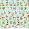 Image of Claus & Co. Wallpaper Blue Sparkle quilting cotton fabric by Melissa Mortenson for Riley Blake Designs. Features pictures on a blue background. Cute Little Fabric Shop.