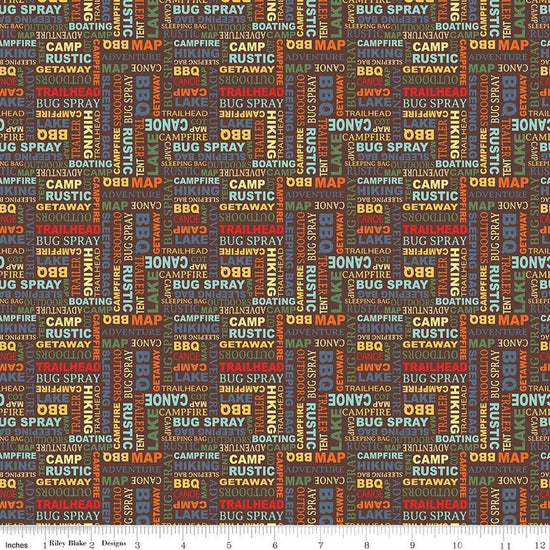 Image of Happy Haven Text Brown quilting cotton fabric by Shawn Wallace for Riley Blake Designs. Features text on a brown background. Cute Little Fabric Shop.