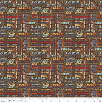 Image of Happy Haven Text Brown quilting cotton fabric by Shawn Wallace for Riley Blake Designs. Features text on a brown background. Cute Little Fabric Shop.