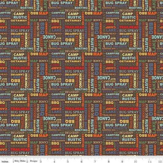 Image of Happy Haven Text Brown quilting cotton fabric by Shawn Wallace for Riley Blake Designs. Features text on a brown background. Cute Little Fabric Shop.