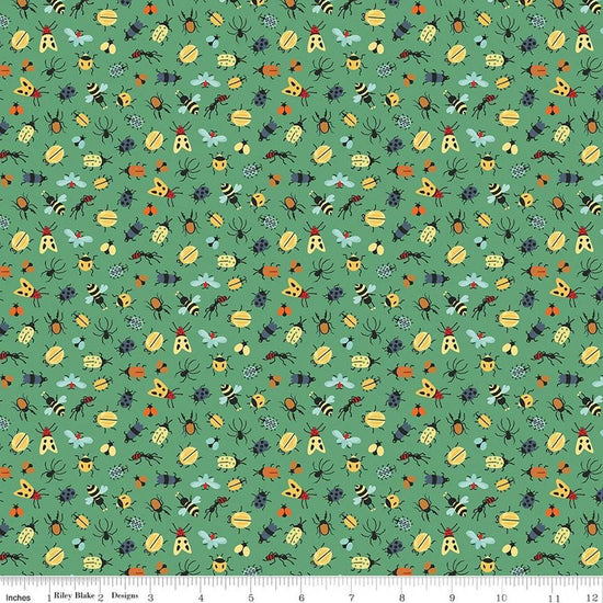 Image of Happy Haven Bug Life Green quilting cotton fabric by Shawn Wallace for Riley Blake Designs. Features bugs on a green background. Cute Little Fabric Shop.