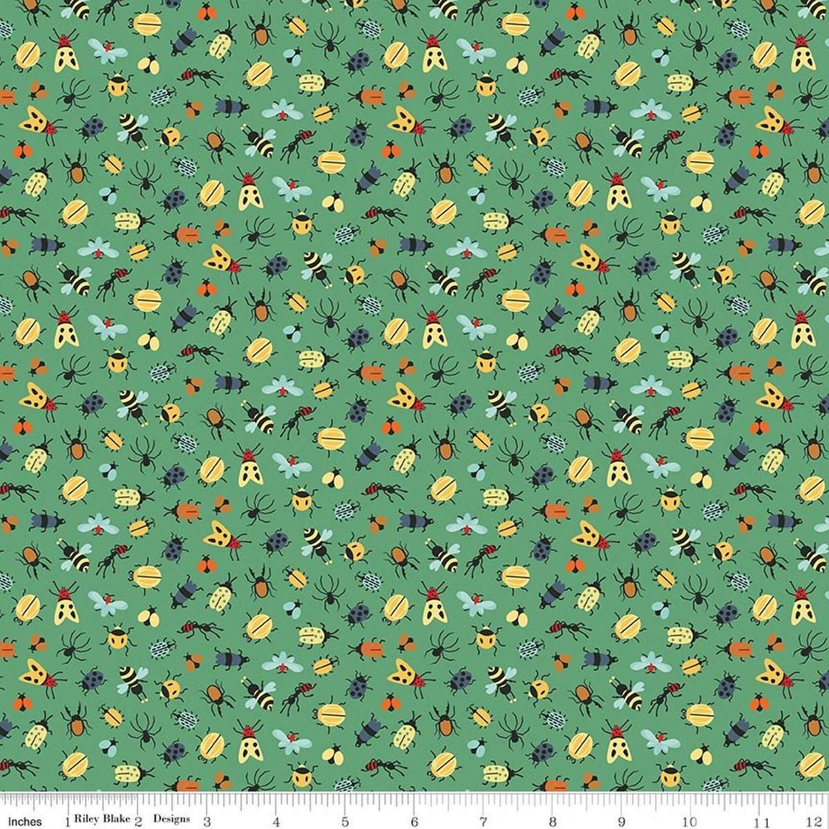 Image of Happy Haven Bug Life Green quilting cotton fabric by Shawn Wallace for Riley Blake Designs. Features bugs on a green background. Cute Little Fabric Shop.