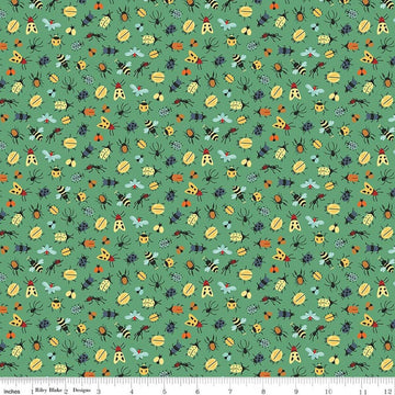 Image of Happy Haven Bug Life Green quilting cotton fabric by Shawn Wallace for Riley Blake Designs. Features bugs on a green background. Cute Little Fabric Shop.