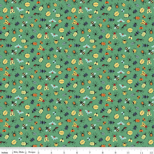 Image of Happy Haven Bug Life Green quilting cotton fabric by Shawn Wallace for Riley Blake Designs. Features bugs on a green background. Cute Little Fabric Shop.