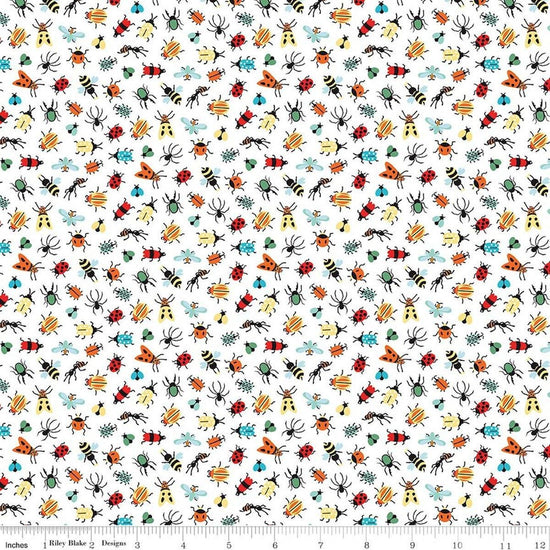Image of Happy Haven Bug Life White quilting cotton fabric by Shawn Wallace for Riley Blake Designs. Features bugs on a white background. Cute Little Fabric Shop.