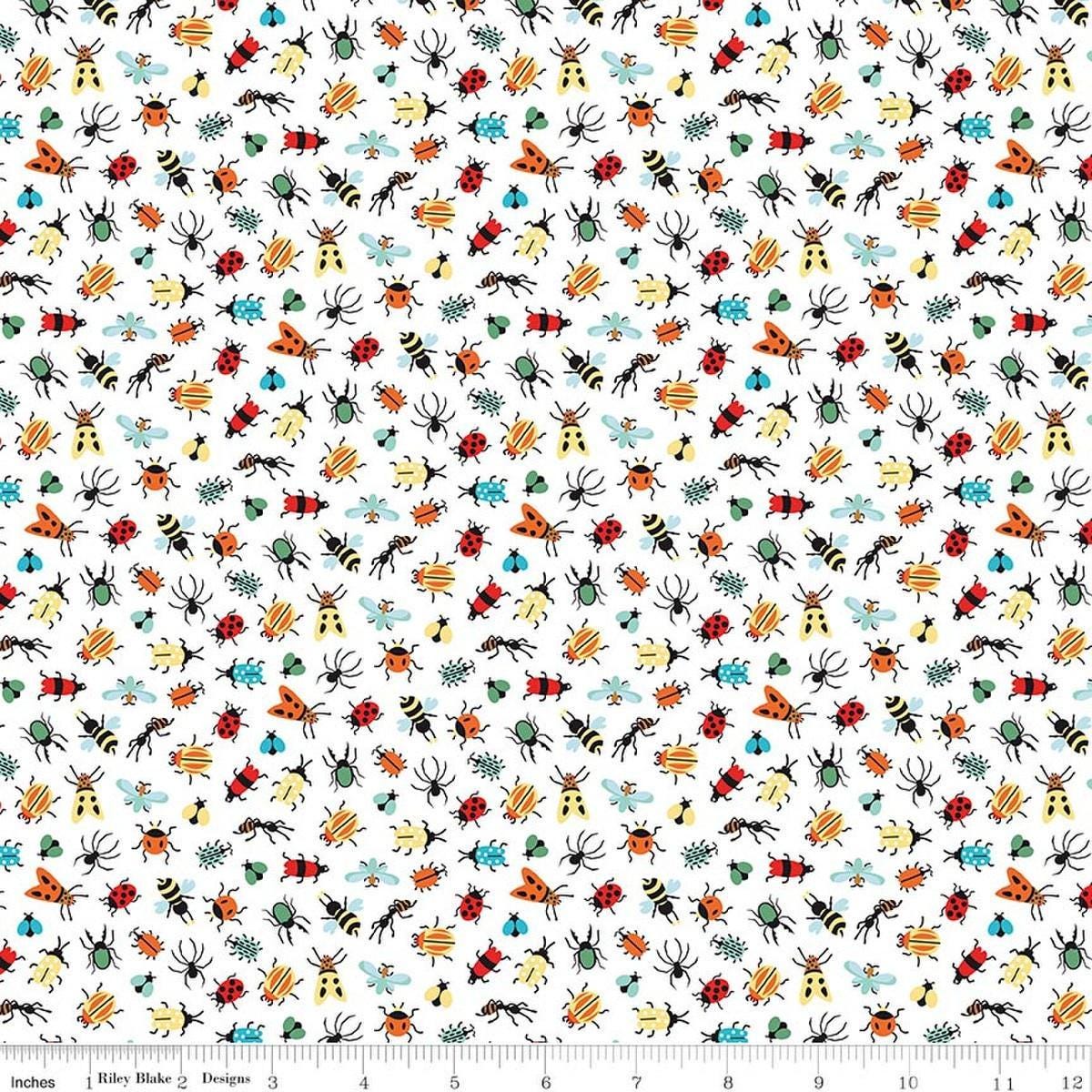 Image of Happy Haven Bug Life White quilting cotton fabric by Shawn Wallace for Riley Blake Designs. Features bugs on a white background. Cute Little Fabric Shop.