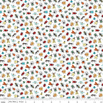 Image of Happy Haven Bug Life White quilting cotton fabric by Shawn Wallace for Riley Blake Designs. Features bugs on a white background. Cute Little Fabric Shop.