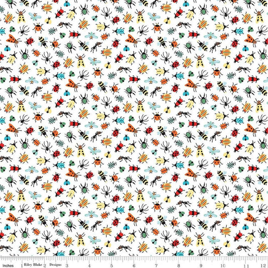 Image of Happy Haven Bug Life White quilting cotton fabric by Shawn Wallace for Riley Blake Designs. Features bugs on a white background. Cute Little Fabric Shop.