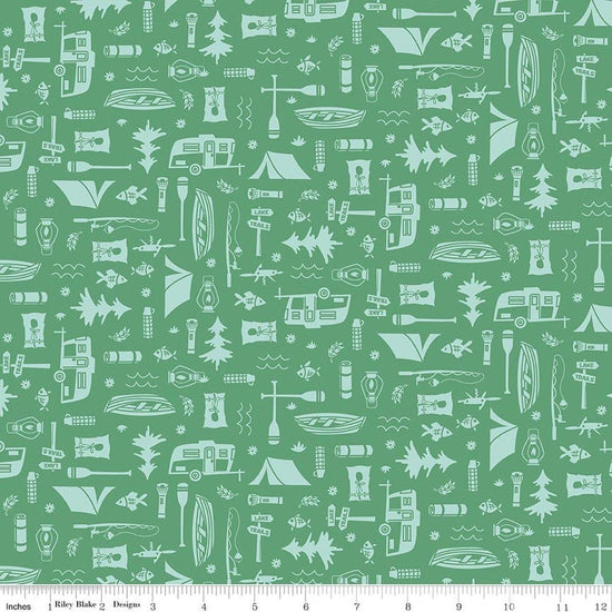 Image of Happy Haven Let's Camp Green quilting cotton fabric by Shawn Wallace for Riley Blake Designs. Features camping gear on a green background. Cute Little Fabric Shop.