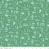 Image of Happy Haven Let's Camp Green quilting cotton fabric by Shawn Wallace for Riley Blake Designs. Features camping gear on a green background. Cute Little Fabric Shop.