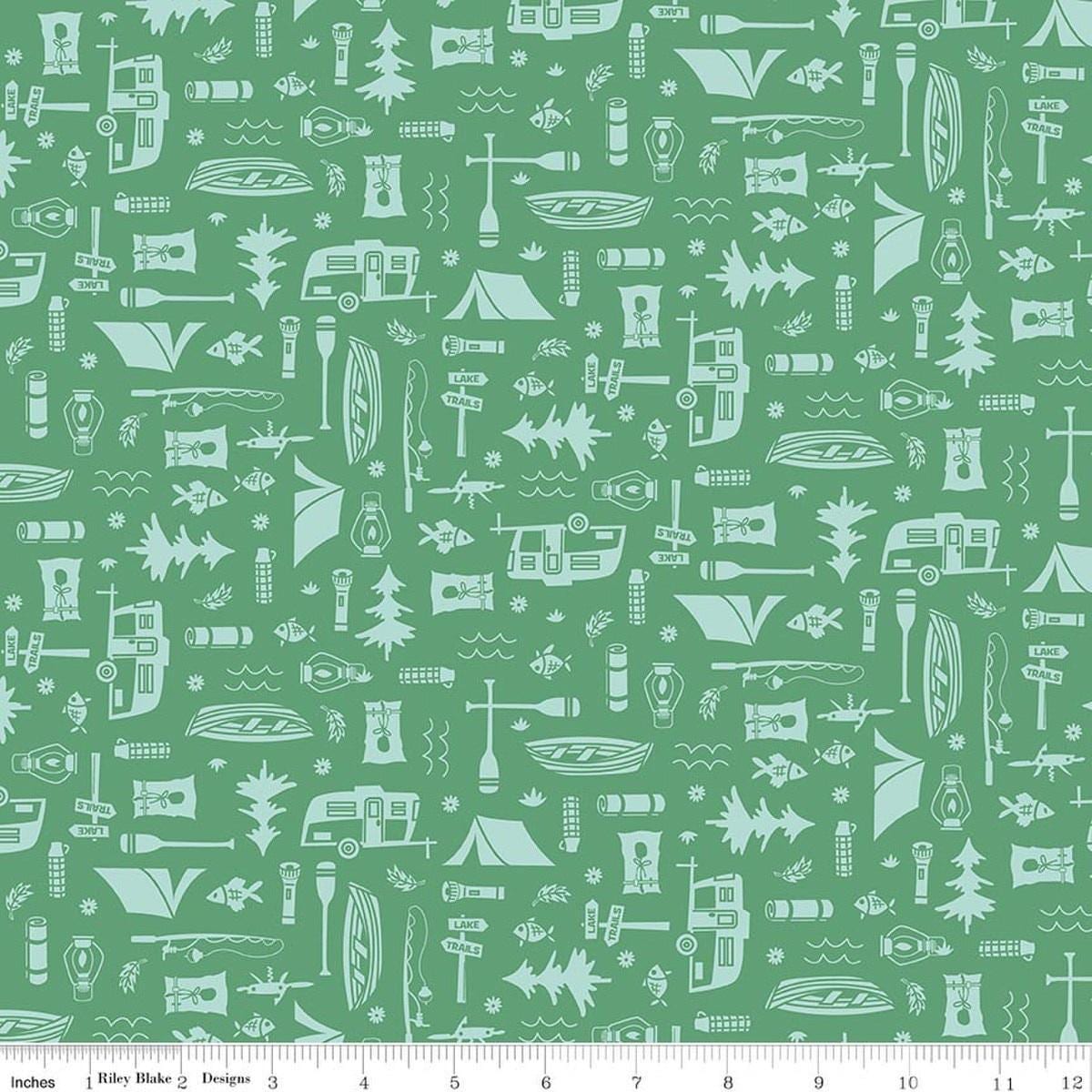 Image of Happy Haven Let's Camp Green quilting cotton fabric by Shawn Wallace for Riley Blake Designs. Features camping gear on a green background. Cute Little Fabric Shop.