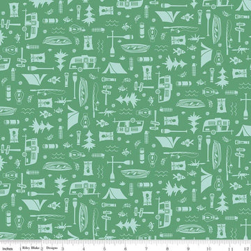 Image of Happy Haven Let's Camp Green quilting cotton fabric by Shawn Wallace for Riley Blake Designs. Features camping gear on a green background. Cute Little Fabric Shop.