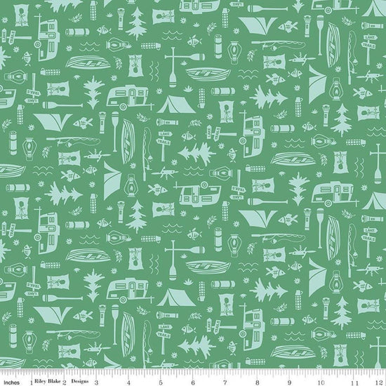 Image of Happy Haven Let's Camp Green quilting cotton fabric by Shawn Wallace for Riley Blake Designs. Features camping gear on a green background. Cute Little Fabric Shop.