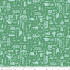 Image of Happy Haven Let's Camp Green quilting cotton fabric by Shawn Wallace for Riley Blake Designs. Features camping gear on a green background. Cute Little Fabric Shop.