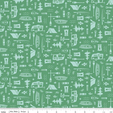 Image of Happy Haven Let's Camp Green quilting cotton fabric by Shawn Wallace for Riley Blake Designs. Features camping gear on a green background. Cute Little Fabric Shop.