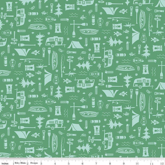 Image of Happy Haven Let's Camp Green quilting cotton fabric by Shawn Wallace for Riley Blake Designs. Features camping gear on a green background. Cute Little Fabric Shop.