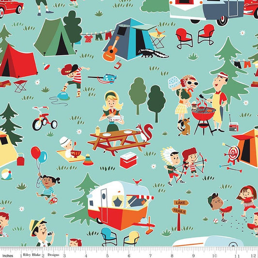 Image of Happy Haven Main Aqua quilting cotton fabric by Shawn Wallace for Riley Blake Designs. Features camping scenes on a blue background. Cute Little Fabric Shop.