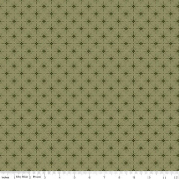 Image of Christmas Greetings Twinkle Spruce quilting cotton fabric by Sandy Gervais for Riley Blake Designs. Features a geometric pattern on a green background. Cute Little Fabric Shop.