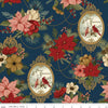 Image of Christmas Greetings Main Navy quilting cotton fabric by Sandy Gervais for Riley Blake Designs. Features flowers on a blue background. Cute Little Fabric Shop.