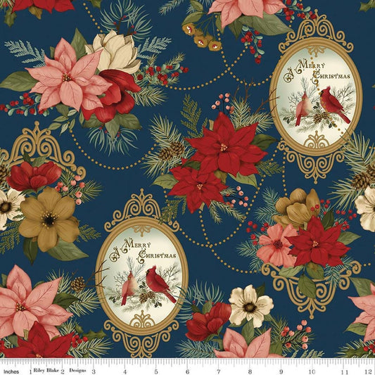 Image of Christmas Greetings Main Navy quilting cotton fabric by Sandy Gervais for Riley Blake Designs. Features flowers on a blue background. Cute Little Fabric Shop.