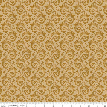 Image of Christmas Greetings Scroll Gold quilting cotton fabric by Sandy Gervais for Riley Blake Designs. Features swirls on a yellow background. Cute Little Fabric Shop.