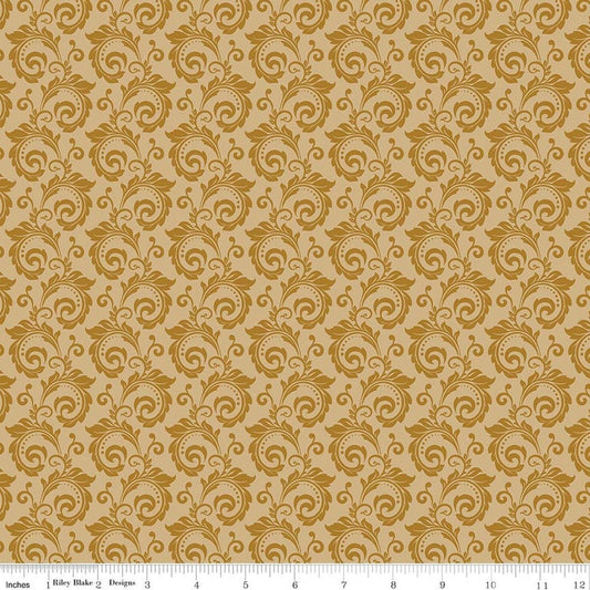 Image of Christmas Greetings Scroll Gold quilting cotton fabric by Sandy Gervais for Riley Blake Designs. Features swirls on a yellow background. Cute Little Fabric Shop.