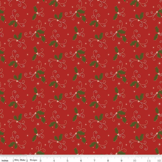 Image of Christmas Greetings Holly Red quilting cotton fabric by Sandy Gervais for Riley Blake Designs. Features holly on a red background. Cute Little Fabric Shop.
