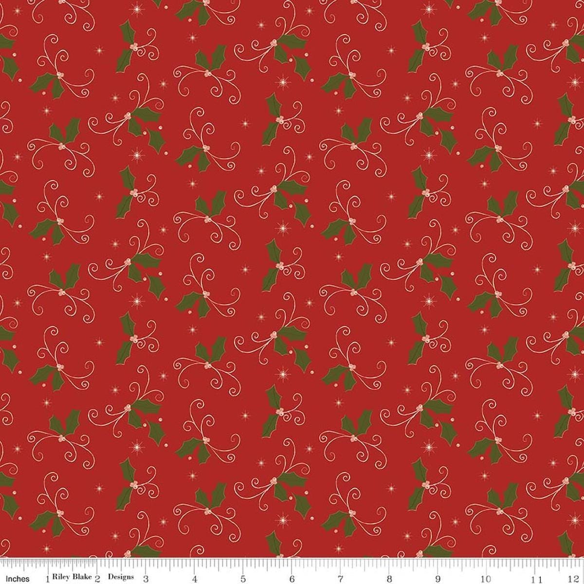 Image of Christmas Greetings Holly Red quilting cotton fabric by Sandy Gervais for Riley Blake Designs. Features holly on a red background. Cute Little Fabric Shop.