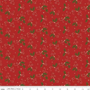Image of Christmas Greetings Holly Red quilting cotton fabric by Sandy Gervais for Riley Blake Designs. Features holly on a red background. Cute Little Fabric Shop.