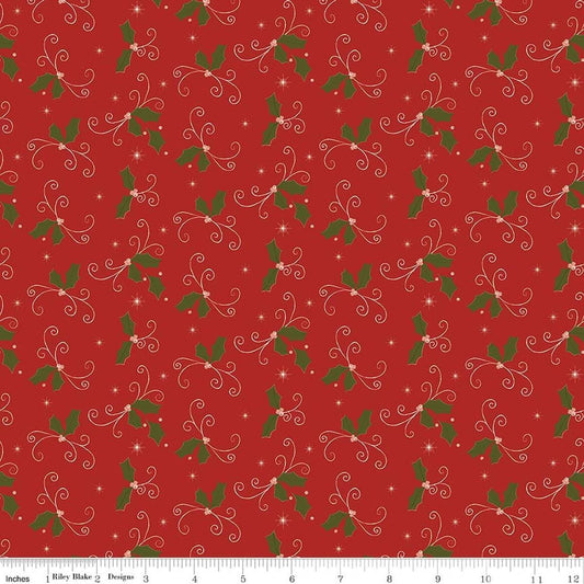 Image of Christmas Greetings Holly Red quilting cotton fabric by Sandy Gervais for Riley Blake Designs. Features holly on a red background. Cute Little Fabric Shop.