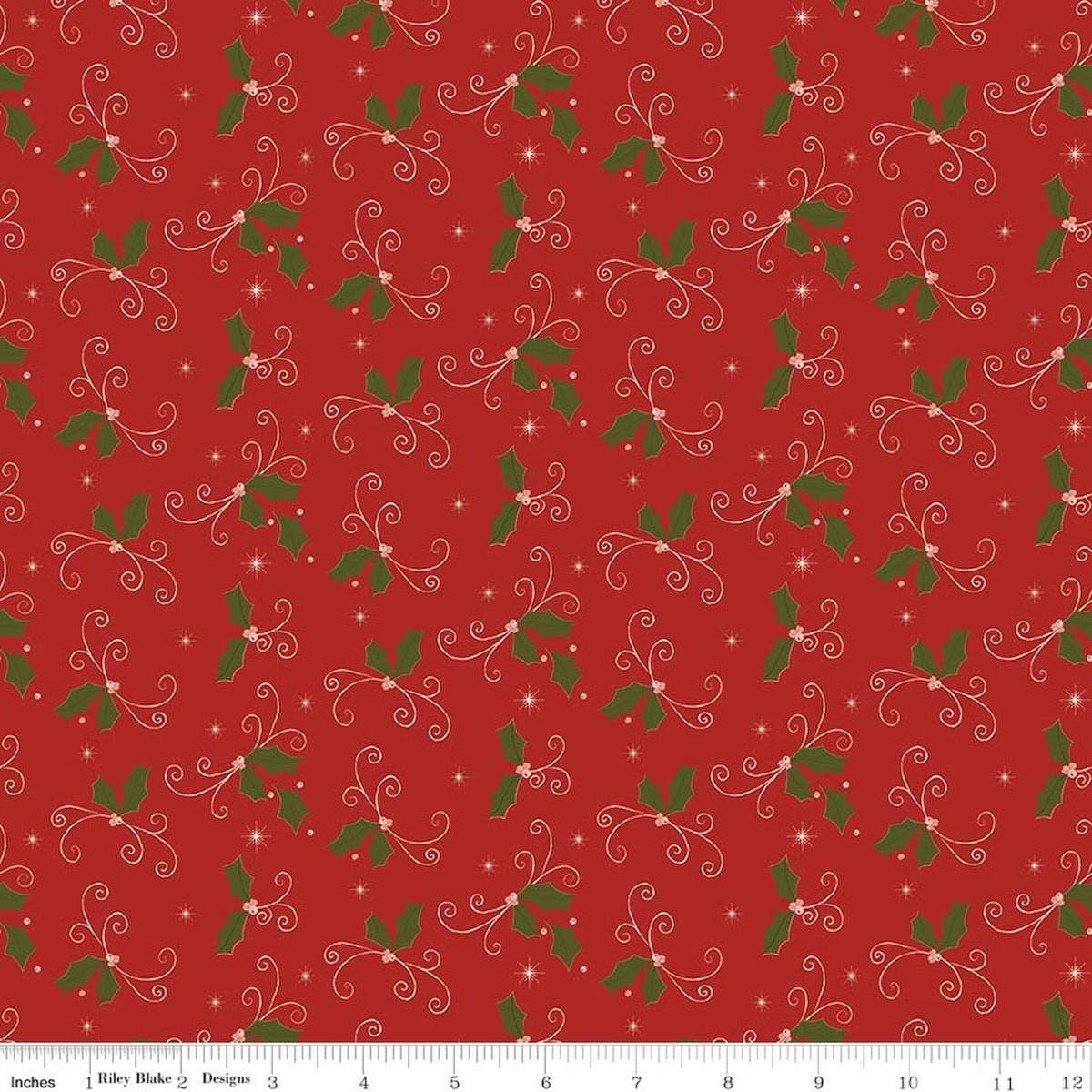 Image of Christmas Greetings Holly Red quilting cotton fabric by Sandy Gervais for Riley Blake Designs. Features holly on a red background. Cute Little Fabric Shop.
