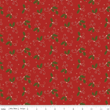 Image of Christmas Greetings Holly Red quilting cotton fabric by Sandy Gervais for Riley Blake Designs. Features holly on a red background. Cute Little Fabric Shop.