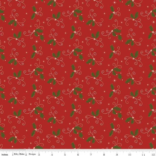 Image of Christmas Greetings Holly Red quilting cotton fabric by Sandy Gervais for Riley Blake Designs. Features holly on a red background. Cute Little Fabric Shop.
